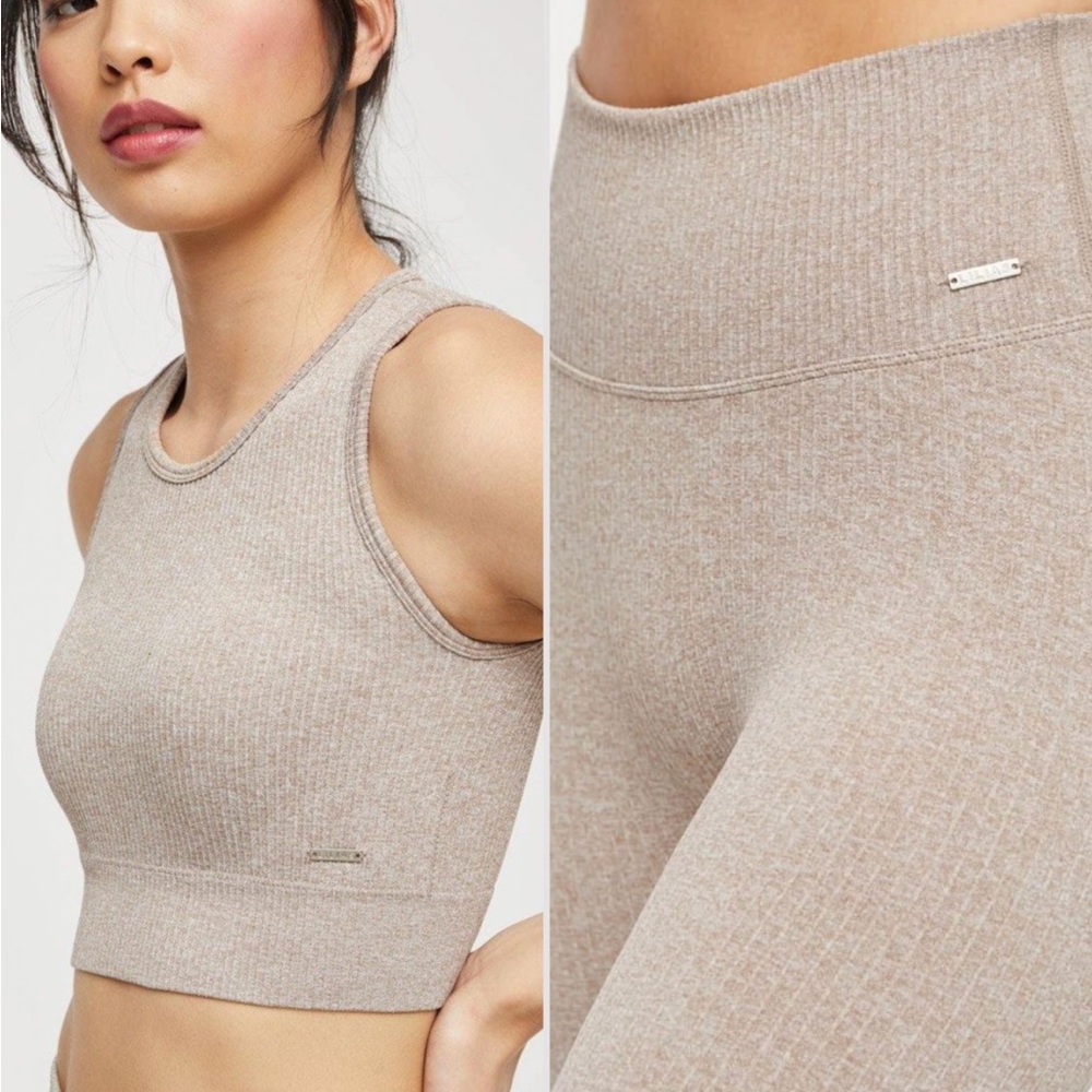 Lilia’s Active Ribbed Knit 3 Piece Workout Set in Beige. Size S